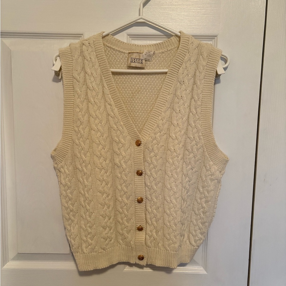 Vintage Laura Gayle Cream Cable Knit V-Neck Sweater Vest